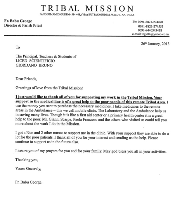 Lettera di ringraziamento Padre Babu George