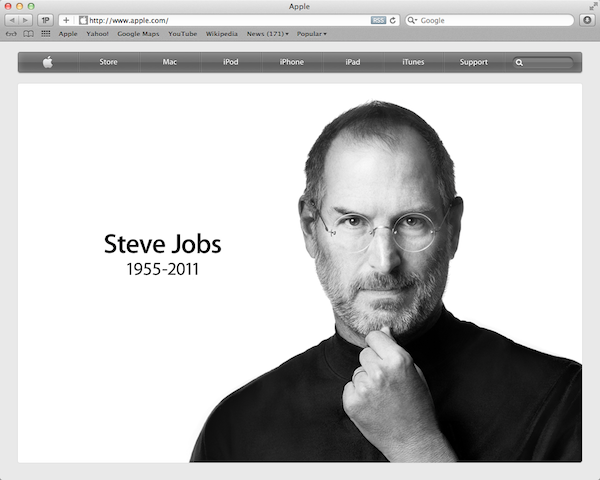 Annuncio della scomparsa di Steve Jobs sul sito della Apple