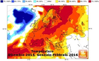 Il modello dell' ECMWF, prevede temperature sopra la norma di 1/1,5° o in qualche caso di 2° con prospettive di inverno caldo. (C) IL METEO.IT